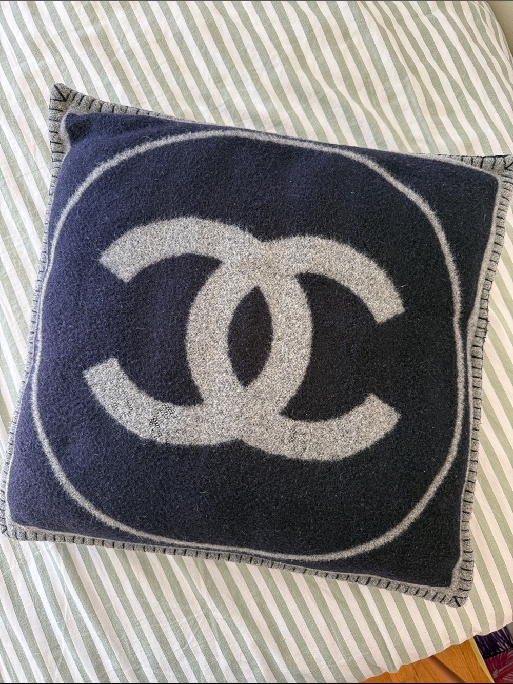 CHANEL Navy and Gray Interlocking CC Wool/cashmere Pillow